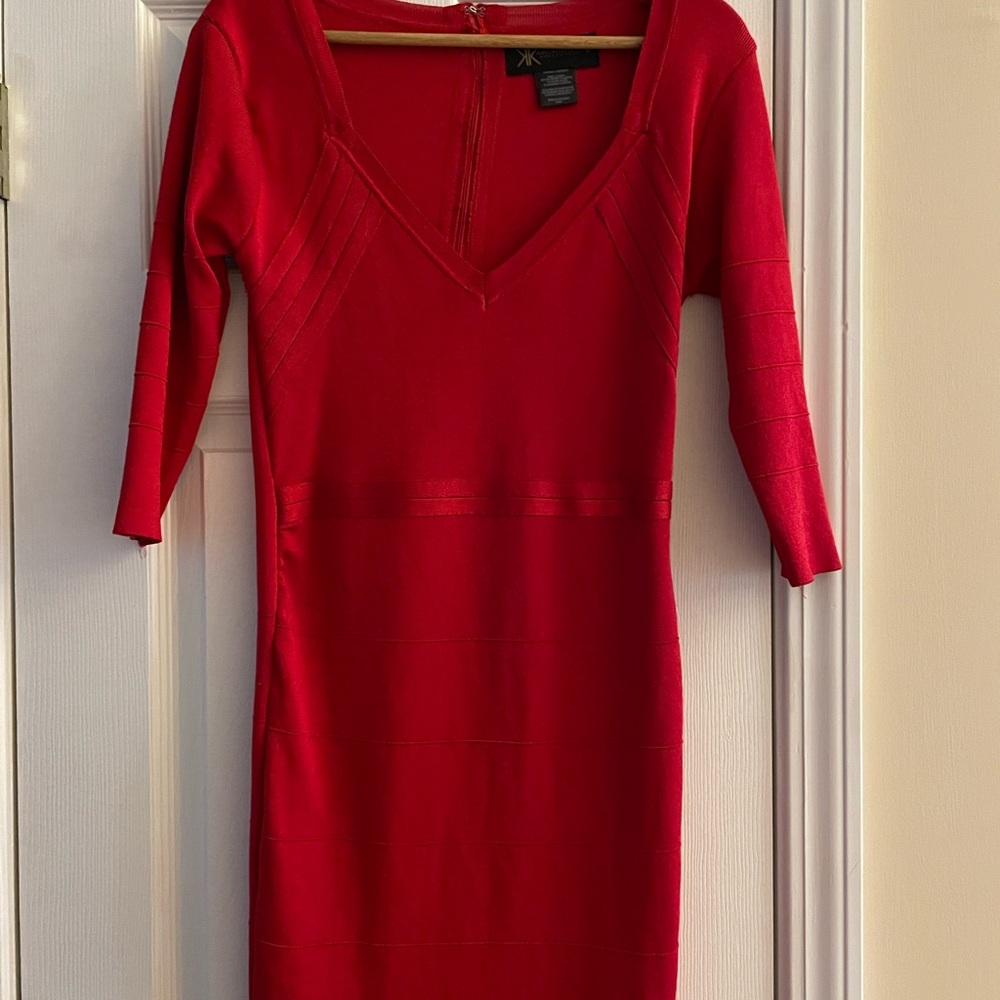 Kardashian Kollection Red Knit Dress. 3/4 length sleeves. Stunning. Size M